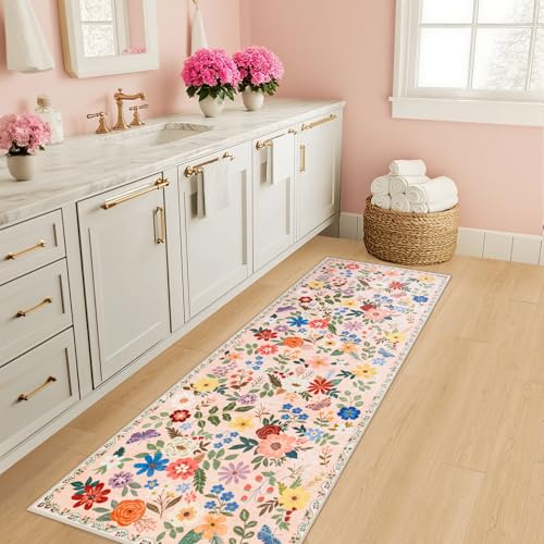 Runner Rug for Entryway: 2x6 Kitchen Rugs Non Slip Washable Ultra-Thin Soft Floral Carpet Indoor Floor Stain Resistant Carpets for Hallway Bedroom Kitchen Laundry Bathroom Dorm Beige - color: Beige, size: 2' x 6' (Runner)