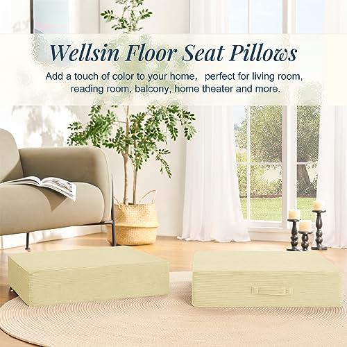 Wellsin Solid Square Floor Pillows for Adults Kids - Large Meditation Floor Pillow Seating Cushion with Thick Foam & Washable Velvet Cover, 2 Pack, 22x22x5 Inch, Beige - color: Beige, size: 2 Pack (22"x22")