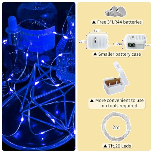 12 Pack Blue Fairy Lights Battery Operated, 7ft 20 LED Mini String Twinkle Lights for Easter Christmas Halloween Mason Jars Centerpiece Table Decorations (12, Blue) - color: Blue