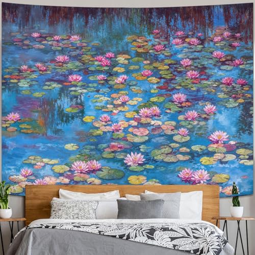 kampdream Landscape Tapestry, Scenery Art Wall Tapestries, Nature Wall Decor for Bedroom Living Room Backdrop Blue Impressionist Pond Lotus 36×48 inches - color: Blue Pond, size: 48"L x 36"W