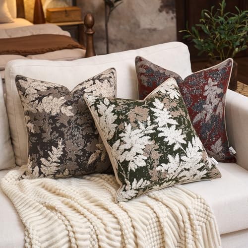 Yangest Neutral Leaf Pillow Cover 20 x 20 Inches, Vintage Chenille Square Throw Pillow Cover Soft Leaves Nature Accent Couch Pillow Cover for Living Room Bedroom, Red - color: Red, size: 20" x 20" (Pack of 1)