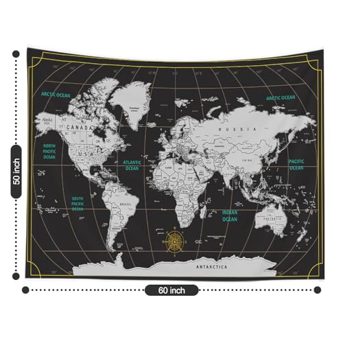 CAPSCEOLL College Dorm Wall Tapestry - World Map Wall Hanging Art for Bedroom - 60x50 Inches, Black and White - color: Black White, size: 60"L x 50"W