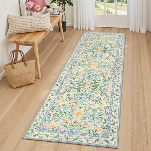 Lahome Sylvie Washable Runner Rug 2x6, Boho Bathroom Rug Runner, Vintage Floral Soft Thin Indoor Throw Carpet for Entryway Bedroom Hallway Bath Laundry Room, Green/Multi - color: Tea Green, size: 2' x 6' (Runner)