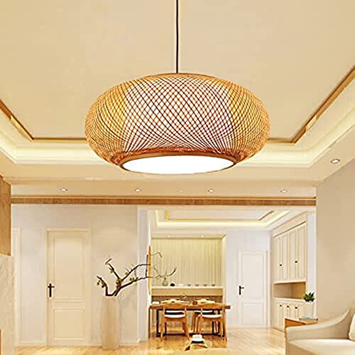 16in Vintage Semi Flush Mount Ceiling Light Fixture Low Profile Caged Bamboo Wicker Lamp Shade Rattan Indoor Pendant Hanging Light Chandelier for Farmhouse Hallway Entryway Porch