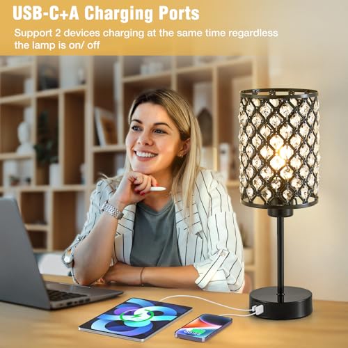GyroVu Crystal Table Lamp, Black Lamp for Bedroom Nightstand with USB C+A Ports, Dimmable Touch Lamp with Crystal Shade, Bedside Lamp Small Lamp for Bedroom, Living Room, Office (Bulb Included) - color: Black, size: 14.75"