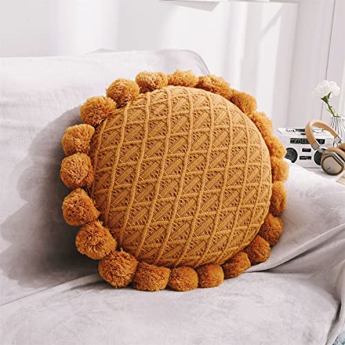 Byitre Bohemian Round Pillow 20 Inch | 100% Cotton Decorative Pillow Hand Tufted with Chunky Textured Poms | Boho Throw Pillow for Bed or Couch | Natural Orange Throw Pillow - color: Lattice Orange