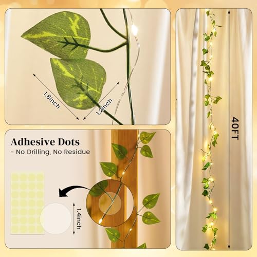 DomeStar 40Ft 120 LED Pothos Vines String Lights with Remote, Fairy Lights with Artificial Greenery Vines for Bedroom, Dorm, Wall, Wedding, Party, Indoor Outdoor Holiday Home Decor - style: 40Ft-120LED-Green Vine