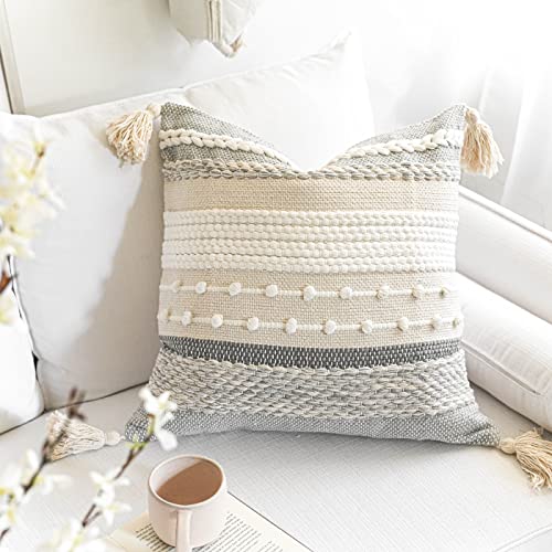 BlissBlush Gray Boho Throw Pillow Cover 18x18 Grey Decorative Accent Pillow for Couch Square Woven Textured Pillowcase Modern Farmhouse Pillow for Bed Bohemian Pillow Cover (Pack of 1) - color: Gray, size: 18" x 18" (Pack of 1)