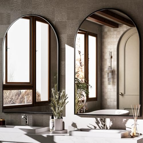 HARRITPURE 20"x30" Arched Bathroom Mirror - Wall Mounted Mirror - Black Arch Mirror - Aluminum Alloy Frame Bathroom Mirror Living Room, Bedroom and Entryway - color: Black-1pcs, size: 30"L x 20"W
