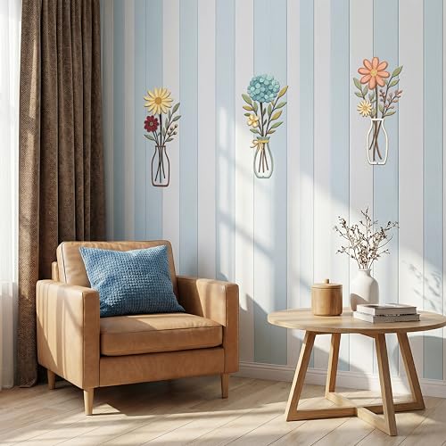 3 Piece Metal Flower Wall Art for Bedroom Living Room Rustic Farmhouse Floral Wall Decor for Bathroom Dining Room Boho Home Decorations Modern Minimalism Walls Hanging Sculptures(Yellow Blue) - color: Yellow Blue & Vase Flower