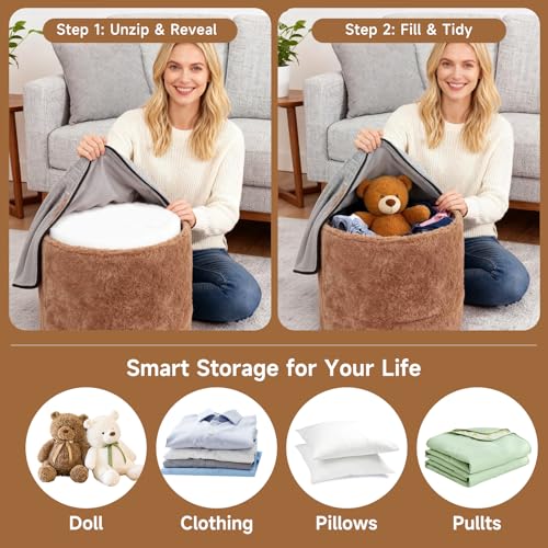Tiita Pouf Ottoman and Foot Rest, Round Foam Stuffed Floor Pouf with Storag for Living Room, Brown - color: Round Brown