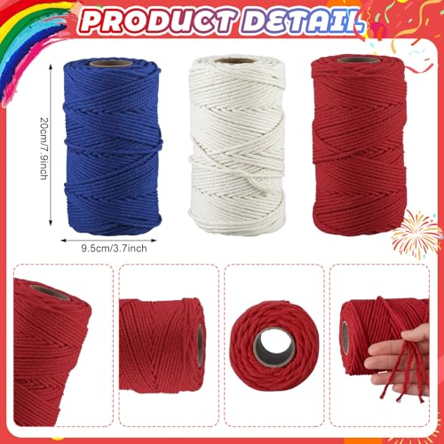 Timgle 3 Pack 4th of July Macrame Cord Kit, 4 mm x 109 Yards Red White Blue Natural Cotton Rope Patriotic Macrame String for American Flag Wall Hanging Independence Day Decor, Beginner Adult Knitting