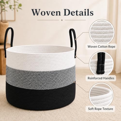 JMvicyroam 65L Extra Large Blanket Basket for Living Room - Woven Cotton Rope Laundry Hamper with Reinforced Handles - Storage Bin for Pillows, Comforters & Toys - Machine Washable,White&Black Mix - color: White&Black Mix, size: 65L