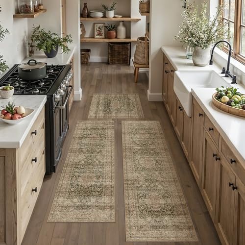 Vintage Kitchen Rug Set of 3 Washable Green Brown Kitchen Mats for Floor Non-Slip Kitchen Runner Rug Soft Low Pile Distressed for Bathroom Laundry Hallway Sink Entryway - color: Retro/Green Brown, size: 20"x32"+20"x48"+20"x59"