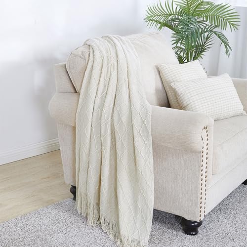 BOURINA Beige Throw Blanket 50 x90 Inches Throw Textured Solid Soft Sofa Throw Bed Runner Couch Cover Knitted Decorative Blanket Bed Runner - color: Beige, size: 50"x90"
