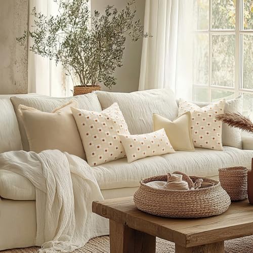 EMEMA Decorative Throw Pillow Covers Daisy Sun Flower Jacquard Pillowcase Cushion Case Rectangle for Couch Sofa Bed Living Room Bedroom Set of 2, 26x26 Inch, Beige - color: A-beige, size: 26" x 26" (Pack of 2)