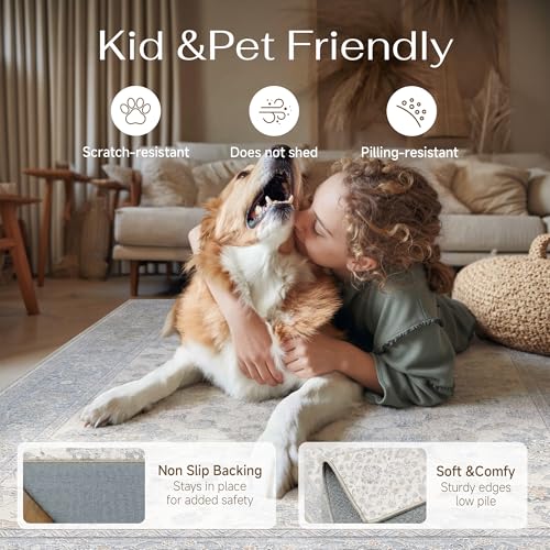 2x3 Blue Washable Area Rug for Living Room Bedroom Neutral Soft Floral Non Slip Thin Throw Rug Lightweight Vintage Low Pile Distressed Doormat Nursery Entrance Playroom Front Door Bathroom - color: Blue Grey, size: 2'x3'