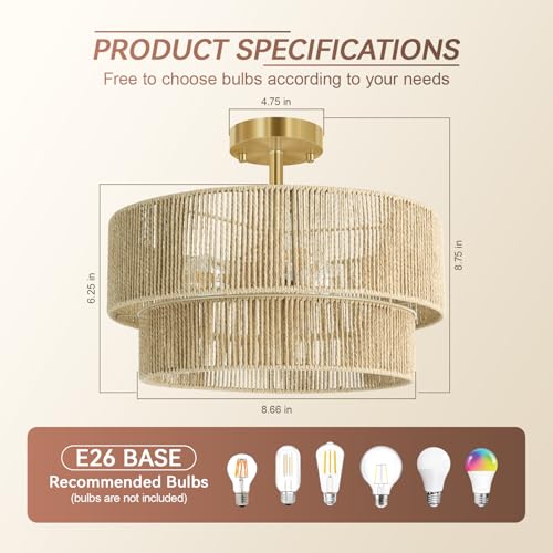 BoostArea 16.54” Boho 2-Tier Rattan Ceiling Light Fixture, Semi Flush Mount Woven Chandelier for Bedroom, Dining Room, Kitchen, Entryway, Living Room(Bulb not Included) - color: Beige