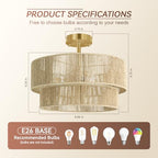 BoostArea 16.54” Boho 2-Tier Rattan Ceiling Light Fixture, Semi Flush Mount Woven Chandelier for Bedroom, Dining Room, Kitchen, Entryway, Living Room(Bulb not Included) - color: Beige