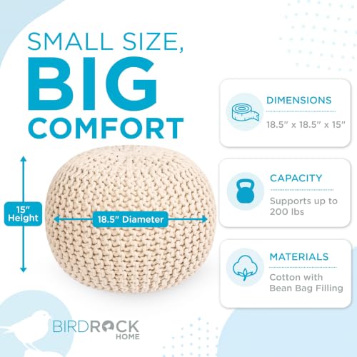 BIRDROCK HOME Round Pouf Ottoman Foot Rest - 18.5”x18.5”x15” Boho Compact Comfortable Soft Cotton Braided Foot Stool with Bean Bag Filling for Living Room, Bedroom, or Nursery (Natural) - color: Natural