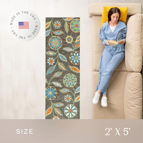 Maples Rugs Reggie Floral Runner Rug - Made in USA - Washable, Non Slip Indoor Carpet for Kitchen, Hallway, and Laundry Room, 2' x 5', Dark Grey - color: Dark Grey, size: 2' x 5' (Rectangular)