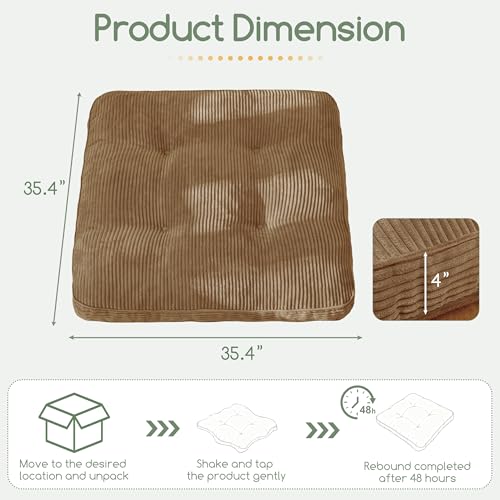 HIGOGOGO 35" Floor Pillow Cushion for Adults, Meditation Cushion Pillow, Extra Large Square Floor Sitting, Tufted Corduroy Cover for Tatami Living Room or Yoga, Coffee - color: Coffee, size: 4" Thick Square