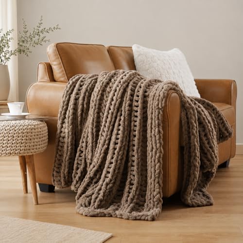 Battilo Chunky Knit Throw Blanket for Couch, Hand Made Chenille Throw Blanket, Super Soft Warm Cozy Taupe Blanket for Bed, Sofa, Living Room, 50"x60" - color: Taupe