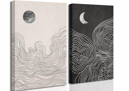 2 Pcs Modern Minimalist Boho Canvas Wall Art Neutral Black And White Abstract Sun And Moon Lines Paintings Pictures Wall Decor Poster Print Artwork for Living Room Bedroom Home Decoration - color: Black White-Canvas, size: 12x16in-Canvas