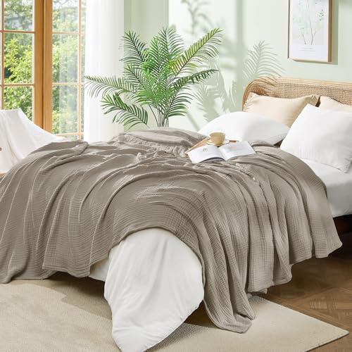 BEDELITE 100% Cotton Muslin Blankets for Adults - 4-Layer Queen Size Breathable and Lightweight Gauze Blanket for Couch, Bed, Travel and Summer, Soft & Cozy Gift for Women, Taupe, 90"x90" - color: Taupe, size: Queen(90"x90")