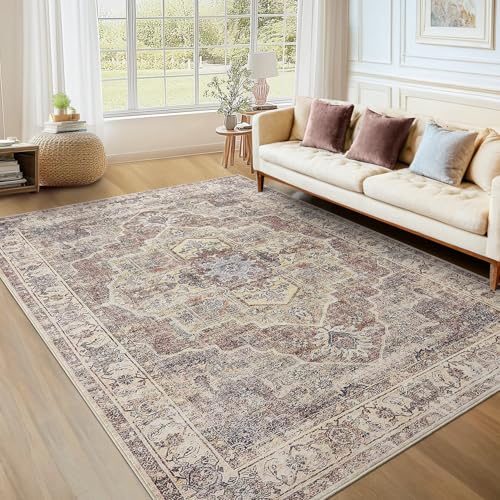Area Rug for Living Room - Mechine Washable Non-Slip Vintage Rugs for Bedroom - Low Pile Thin Large Floor Carpet for Dinning Room Home Office (Vintage Brown, 9'x12') - color: Vintage Brown, size: 9' x 12' (Rectangular)
