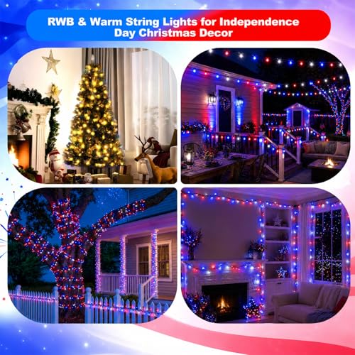 Forlivese 2 Pack Red White and Blue Solar String Lights Outdoor, 240 LED 4th of July Lights with 11 Modes, 2 Festival Color Patriotic Lights Waterproof for Independence Day Christmas, RWB & Warm - color: Red White Blue & Warm White, size: 120LED*2pcs-sola