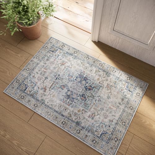 Machine Washable Throw Rugs for Entryway: Door Mat Indoor Entrance 2x3 Small Rug Stain Resistant Non-Slip Low Pile Soft Carpet for Kitchen Front Door Indoor Entry Bathroom Bedroom - color: Blue and Cream, size: 2' x 3' (Rectangular)