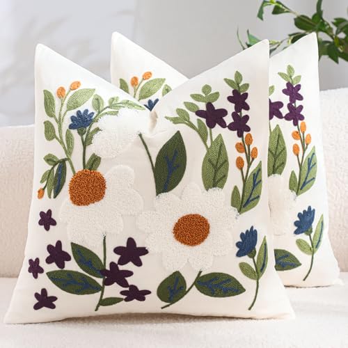 Embroidered Throw Pillow Covers 18x18 Pack of 2 Green Leaves Daisy Pillow Covers Floral Pillowcases Farmhouse Pillow Cushion Cases Square Flower Boho Pillow Case Summer Decor - color: White Daisy