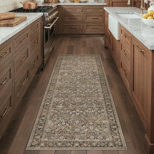 HUGEAR 2x6 Runner Rug Machine Washable Brown Hallway Area Rugs Indoor Accent Rugs Floral Low Pile Carpet Distressed Throw Rug Bedroom Living Room Office Dining Kitchen Laundry Non Slip - color: Floral | Brown, size: 2' x 6' (Runner)