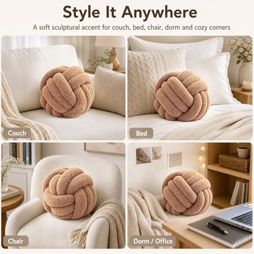 Petrella Khaki Knot Pillow Ball, Handmade Soft Lambswool Round Throw Pillow for Chair, Couch and Earth Tone Room Decor, Small Decorative Pillows, Knotted Accent Cushion, 8 Inch - color: Khaki, size: 8inch