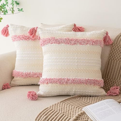 Boho Throw Pillow Covers 18x18 Set of 2 Woven Tufted Farmhouse Pillows Cover with Tassels Textured Striped Cushion Case Neutral Pillow Cases Decorative Pillowcase for Sofa, Couch, Bed, Pink - color: Pink, size: 18" x 18" (Pack of 2)
