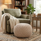 BIRDROCK HOME Round Pouf Ottoman Foot Rest - 18.5”x18.5”x15” Boho Compact Comfortable Soft Cotton Braided Foot Stool with Bean Bag Filling for Living Room, Bedroom, or Nursery (Natural) - color: Natural