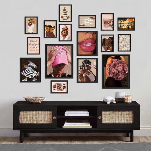 ANERZA 16 PCS Black Girl Wall Art Decor, African American Gallery Wall Prints for Bedroom, Black Woman Posters for Living Room Aesthetic, Black People Collage Kit Pictures, Pink and Black Dorm Home Decor - color: Coffee, size: 11"x14" Unframed