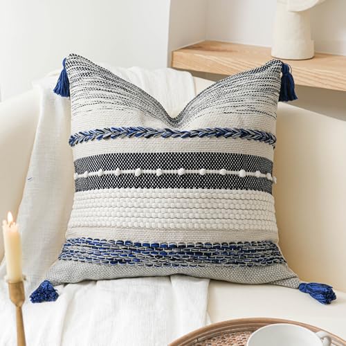 BlissBlush Navy Dark Blue Decorative Throw Pillow Cover 18x18 Square Boho Accent Pillowcase Tassels Farmhouse Cushion for Couch Sofa Bedroom Living Room Home Décor Cover ONLY - color: Dark Blue, size: 18" x 18" (Pack of 1)