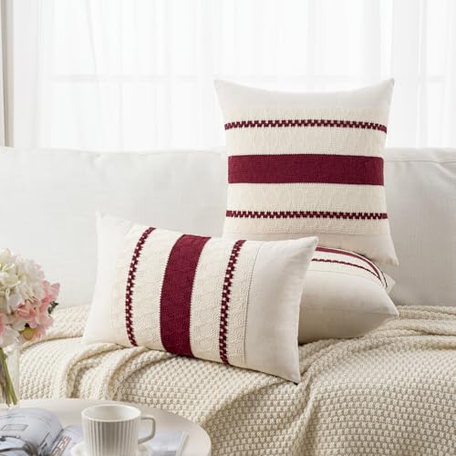 Fancy Homi Set of 2 Burgundy Boho Decorative Throw Pillow Covers 16x16 Inch for Couch Bed Sofa, Aesthetic Modern Farmhouse Christmas Room Decor, Soft Cotton Cute Textured Wind Red Cushion Case - color: Burgundy, size: 16" x 16" (Pack of 2)