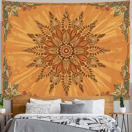Accnicc Boho Floral Mandala Tapestry for Bedroom Bohemian Flower Wall Tapestry Aesthetic Extra Large Vintage Orange Hippie Indian Tapestries Wall Hanging for Living Room Dorm Decor 90 x 68 Inch - color: Orange Red, size: 90"L x 68"W
