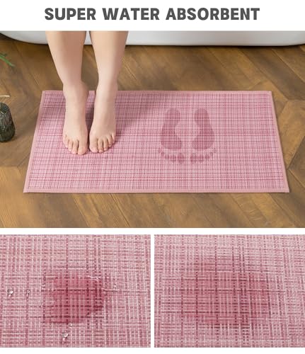 YIHOUSE Bathroom Rugs Sets 2 Pieces, Pink Ultra Thin Bath Mats Fit Under Door, Absorbent Quickly Dry Rubber Backing Braided Bath Mat Set, Non Slip Washable Bath Rugs for Bathroom Floor, Pink - color: Pink Multi, size: 2pieces