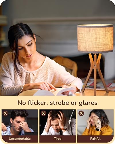 EDISHINE Tripod Table Lamp, 17.5" Modern Bedside Lamp with Natural Wood-Colored Lamp Legs & Beige Linen Lampshade, Boho Nightstand Lamp for Bedroom, Living Room, Reading Room, E26 Base - color: Beige