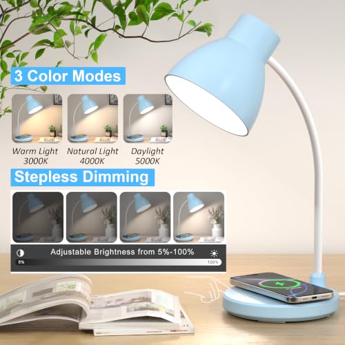 Desk Lamps for Home Office - LED Desk Lamp with Wireless Charger, 3 Color Modes Dimmable Eye-Caring Study Reading Desk Light, Small Flexible Arm Table Lamp for College Dorm Room Bedside, Blue - color: Blue