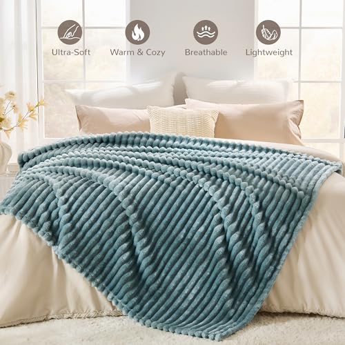 Dusty Blue Striped Throw Blanket, 330GSM Soft Plush Fleece Blanket for Couch Sofa Travel, Decorative Cozy Giftable Home Blanket, 50x60 Inches - color: Dusty Blue, size: Throw(50"x60")