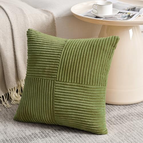 Fancy Homi 2 Packs Moss Green Samll Decorative Throw Pillow Covers 12x12 Inch with for Couch Bed Sofa, Rustic Farmhouse Boho Home Decor, Soft Corss Patchwork Corduroy Square Cushion Case 30x30 cm - color: Moss Green, size: 12" x 12" (Pack of 2)