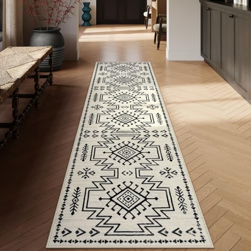Lahome Vivienne Western Runner Rug for Hallway Non Slip, Boho Washable Low Pile Soft Runner Rug for Kitchen Bathroom, Moroccan Aztec Long Carpet for Entryway Entrance Kitchen Indoor (Ivory, 2'5''x8') - color: Ivory, size: 2'6" x 8' (Runner)