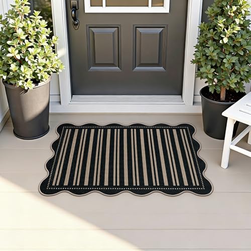 Striped Easy Jute Entryway Rug, 2x3 Black Indoor Outdoor Doormat, Washable Small Kitchen Rug Non Slip Farmhouse Scalloped Rugs for Front Door Entrance Bathroom - color: Black Striped, size: 2'x3' (Rectangular)