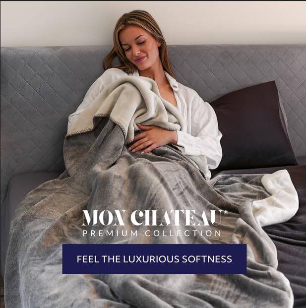Mon Chateau 60" x 70" Fireside Mélange Throw Blanket, Contrast Stitching Soft Blanket for Queen-Size Bed, Couch, or Sofa, Cozy Home Decor and Stylish Living Room Comfort, Sapphire Veil