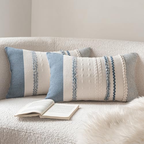 Cethom Boho Throw Pillow Covers 12x20 Inch Set of 2, Blue Textured Decorative Couch Pillow Cases for Farmhouse Home Decor, Accent Cushion Cover for Sofa, Bed, Living Room, Bedroom - color: Blue, size: 20" x 12" (Pack of 2)